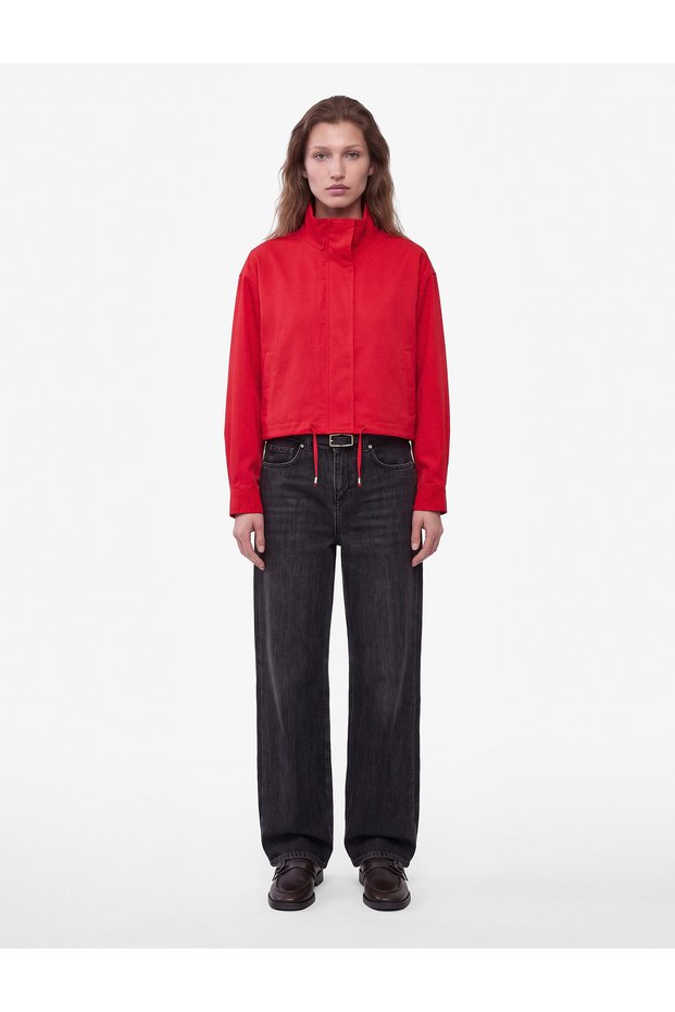 Long Sleeve Gabardine Stand Collar Bomber Jacket with Zipper Pockets