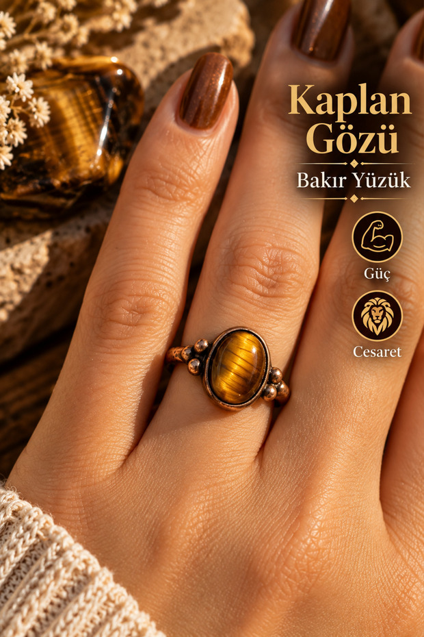 Copper Real Tiger's Eye Ring Adjustable Handcrafted (Gift, Daily, Special)