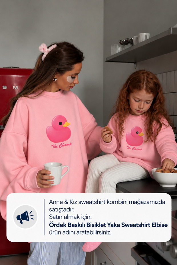 Women's Pink Crew Neck Sweatshirt Dress – Pink Duck Printed 3 Yarn Ş Fleece-Lined Oversize