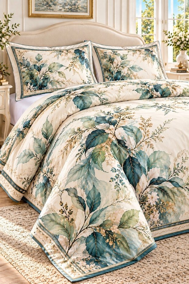 Double-Size Premium Cotton Sateen Duvet Cover Set – Luxury Leaves