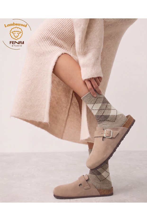 Women's Winter Thermal Wool Warm Lambswool Beige Cream Checked Socks
