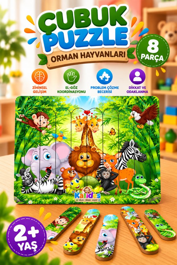 Stick Puzzle - FOREST ANIMALS | Wooden Jigsaw Puzzle | Montessori Educational Wooden Puzzle, 8 Pieces