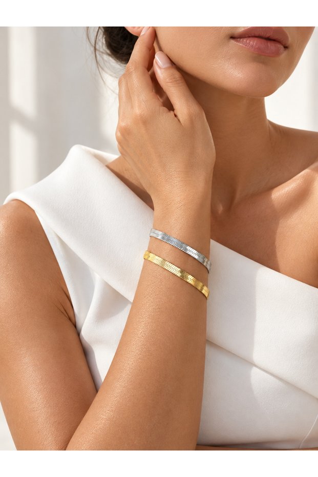 Italian Herringbone Chain Bracelet Set | Pair of Imported Steel Flat Italian Chain Bracelets (1 GOLD, 1 SILVER)