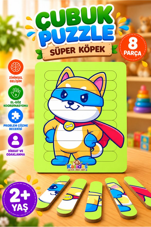 Stick Puzzle - SUPER DOG | Wooden Jigsaw Puzzle | Montessori Educational Wooden Puzzle, 8 Pieces