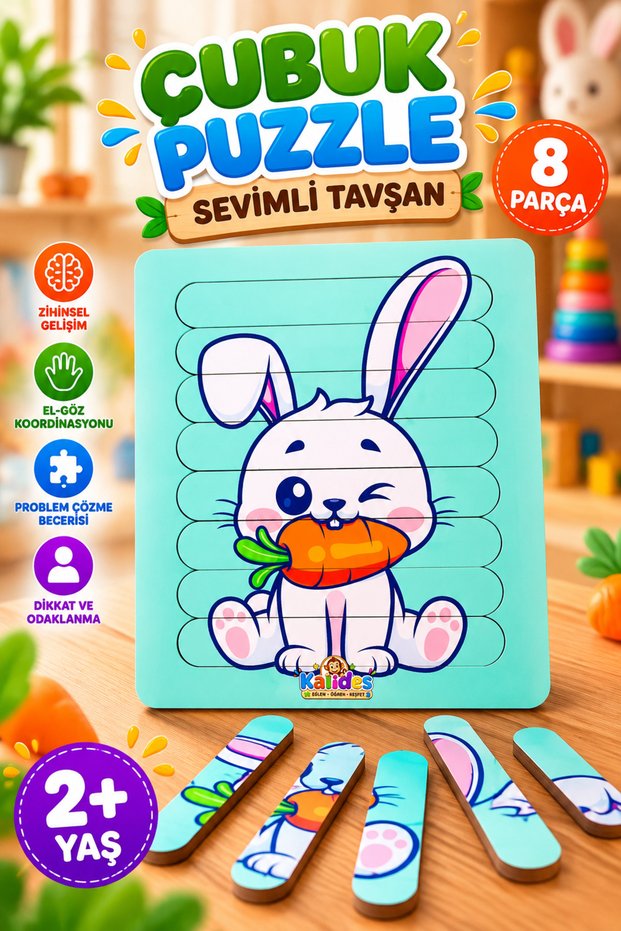 Stick Puzzle - CUTE RABBIT | Wooden Jigsaw Puzzle | Montessori Educational Wooden Puzzle, 8 Pieces