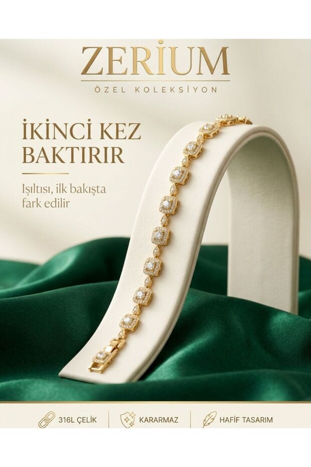 Women's Bracelet, Gold-Toned, with Zircon Stones, Geometric Design, Premium Series