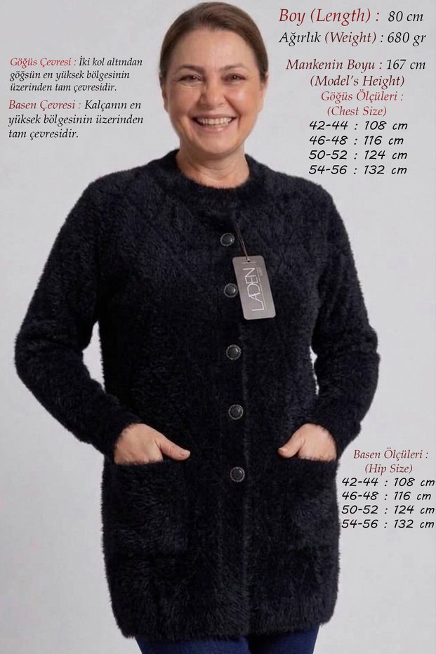 Women's Thick-Textured Winter Cardigan with Stretch Fabric, Lycra Blend, 80 cm, Angora-Look, Black Buttons, Long Pockets, Fuzzy Yarn, Plus Size