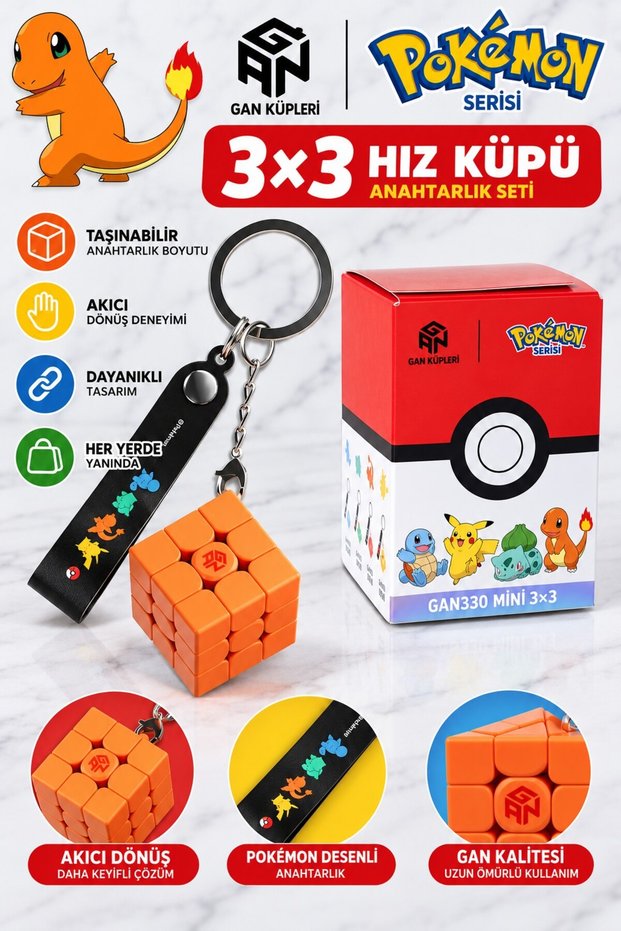 GAN Pokémon Charmander 3x3 Mini Cube Keychain, Orange, Stickerless, Rubik's Cube, 3 cm