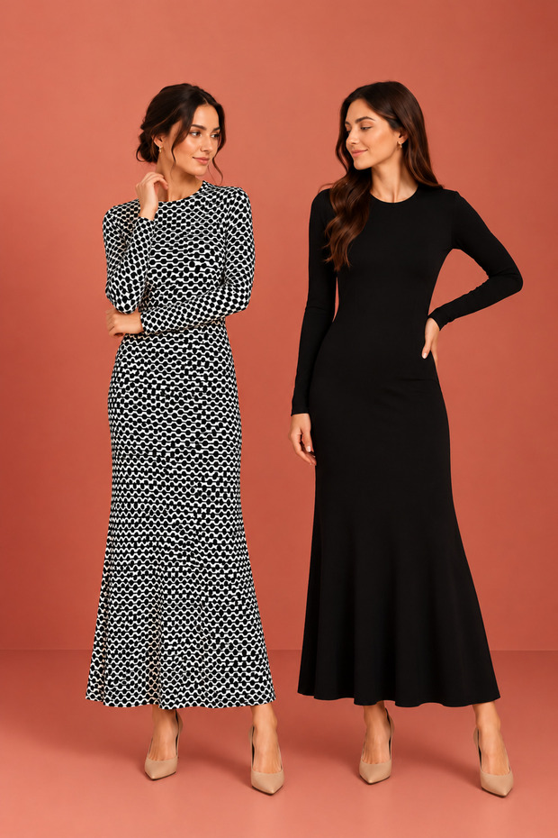 Super Economical Pack of 2 One Piece Long Dress Long Sleeve Flexible Knitted Stylish