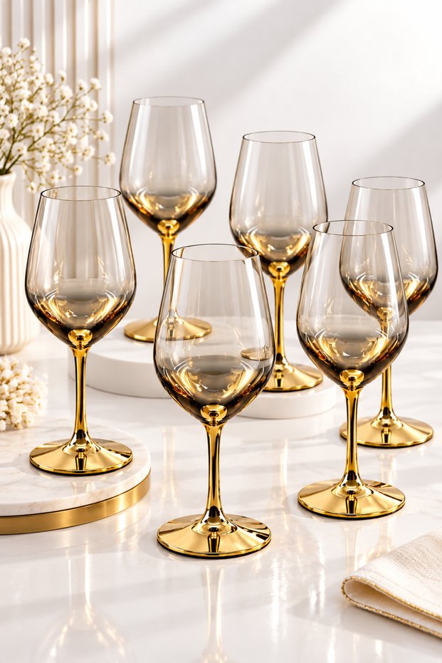 Set of 6 Gold Plated Glass Footed Cocktail Soft Drink Wine Glasses 460ml