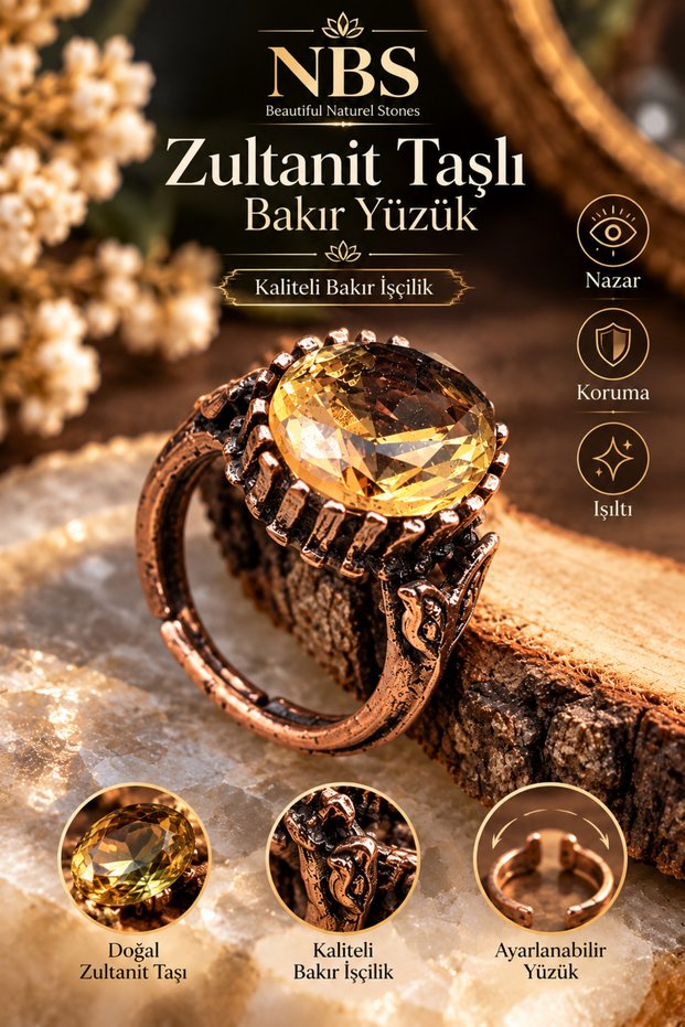 Pure Copper Zultanite Crystal Adjustable Ring (Evil Eye, Protection, Energy)