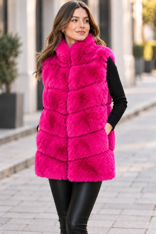 Women's Mock Neck, Hook-and-Eye Closure, Zipper, Plush Fur Vest with Zippered Pockets, Sleeveless Winter Vest
