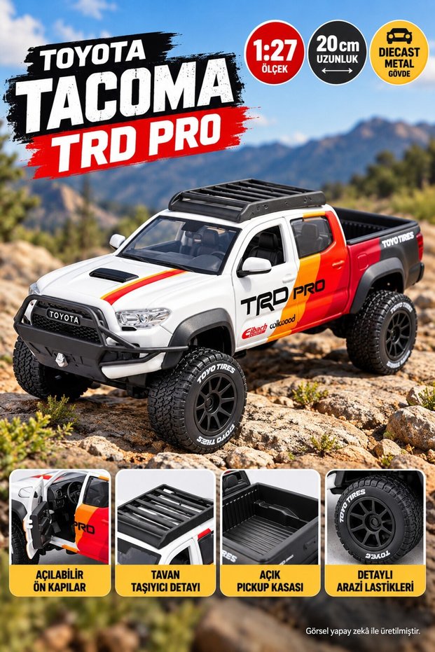 2023 Toyota Tacoma TRD Pro 1:27 Diecast Off-Road White Metal Pickup Model, 20 cm