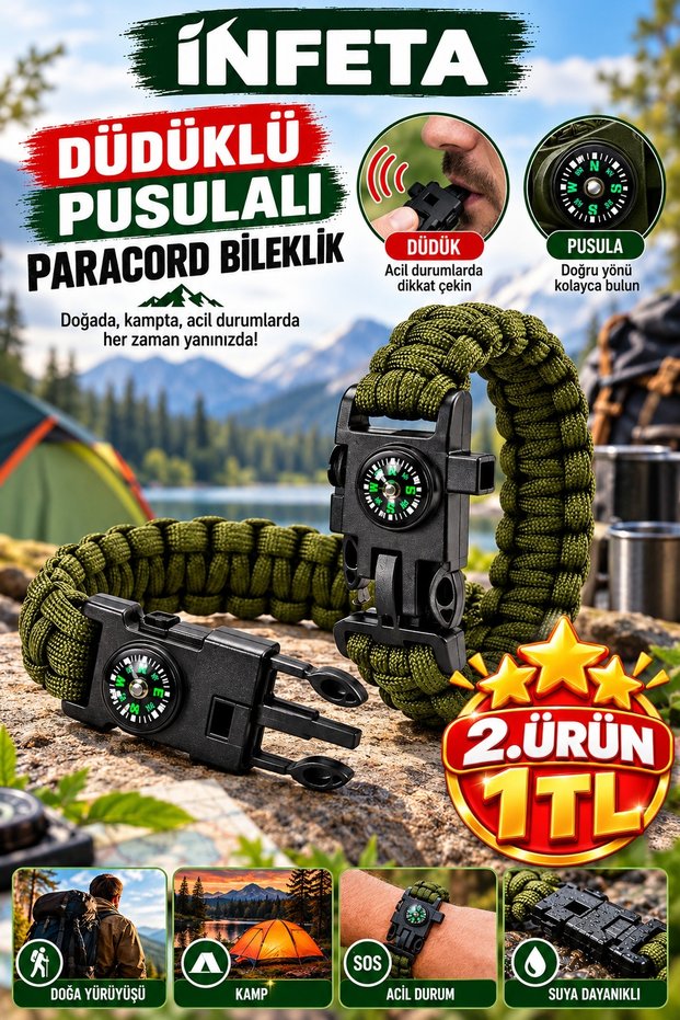 Khaki-Green Paracord Bracelet with Compass, Whistle, and Fire Starter—Camping and Outdoor Bracelet