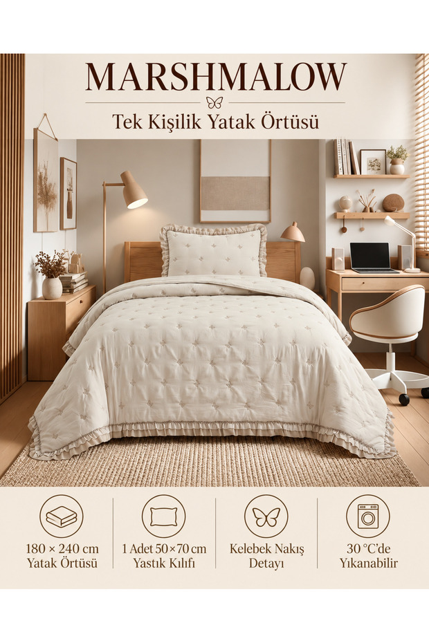 Marshmallow Ruffled Bedspread Set (Single / 180x240) BUTTERFLY PATTERN BEIGE