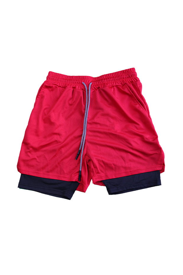 M Red Men's Double Layer Fitness Shorts Drawstring Mesh Lining Elastic Waist Breathable Quick Dry to