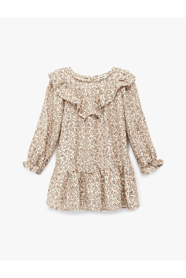 Long Sleeve Crew Neck Ruffled Viscose Floral Dress