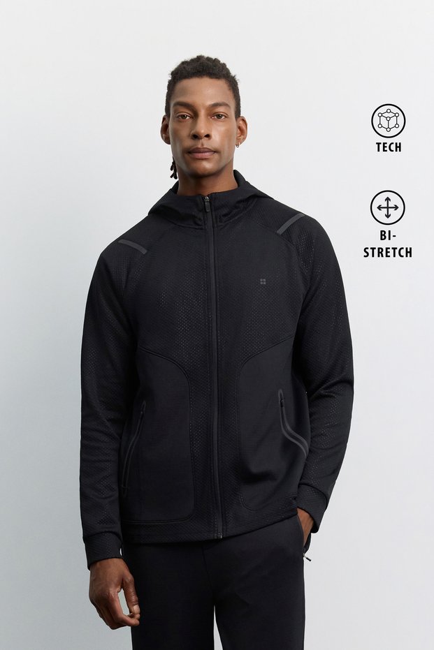 Men's Black Hooded Collar Mesh Detailed Side Zipper Pocket Flexible Printed Technical Cardigan A62Y1325