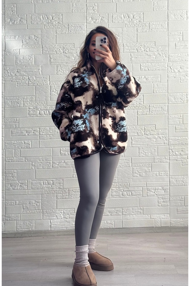 Standard Size Patterned Zippered Oversize Plush Fleece Jacket - Blue Brown