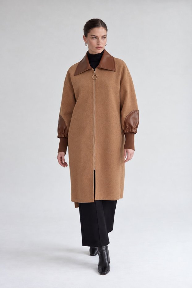 Faux Leather Coat with Zip Detail, Brown