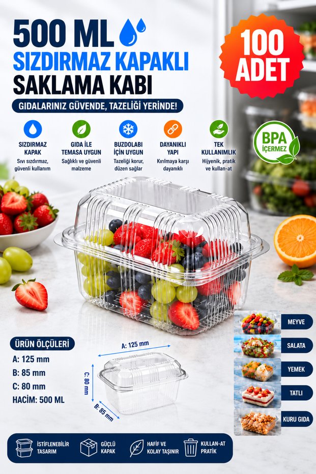 Airtight Storage Container, 500 ml, High Lid, 100-Pack of Plastic Refrigerator and Freezer Containers with Lids