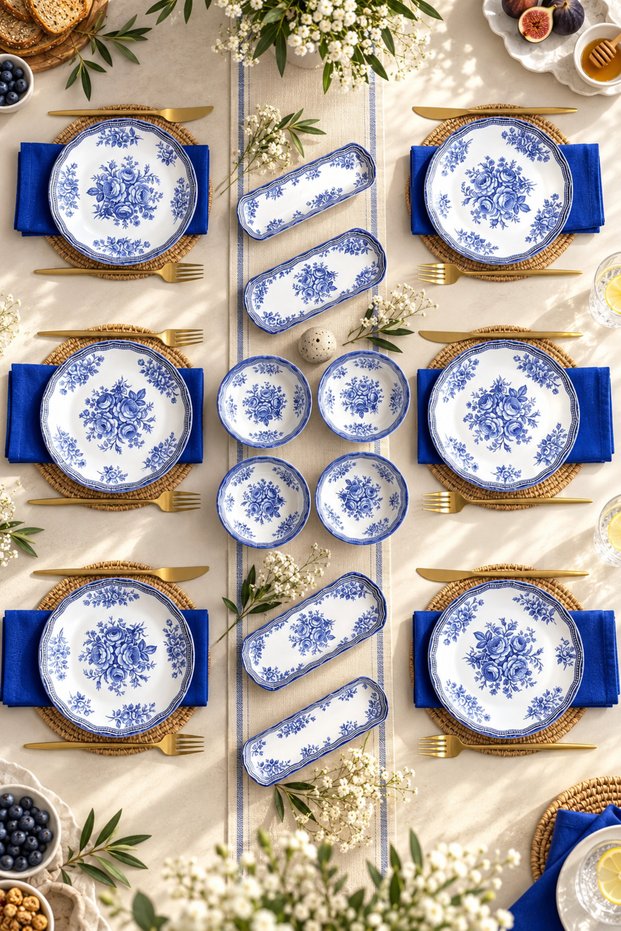 Blue Antique 14 Piece Luxury Breakfast Set for 6 People, Breakfast Set