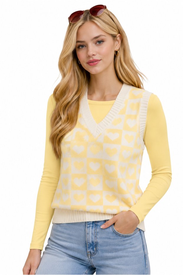 Yellow Heart V-Neck Regular Women's Sweater