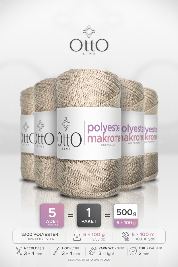 Polyester Makrome • Stone• 5-Pack × 100 Gr / 100 m • 2 mm • Supla, Bag, Accessory Cord