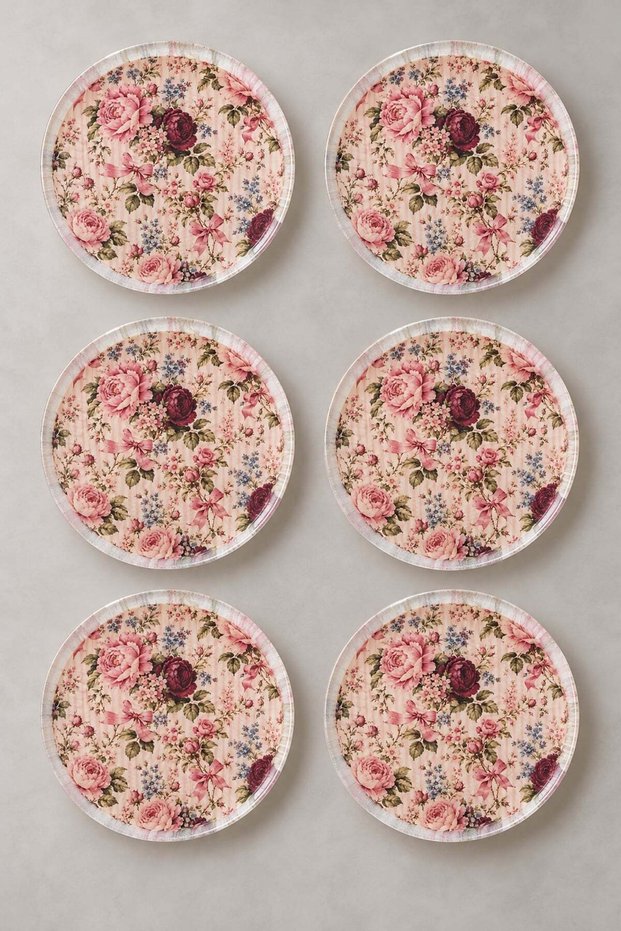 Set of 6 Glass Dessert Plates - Pink Rose and Floral Print, 16 cm - 6 Dessert Plates