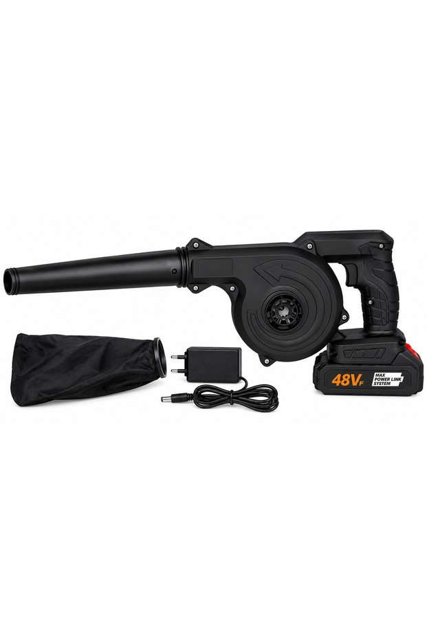 48V Cordless Blower with Rechargeable Battery, Charger and Dust Collection Bag – Black