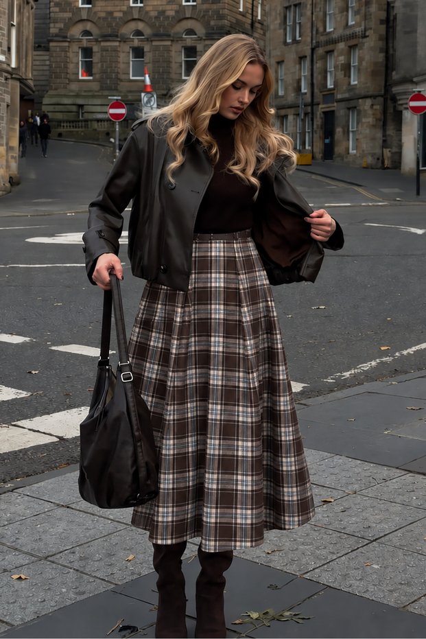 Women's Brown Plaid High-Pleated Long Flared Skirt LZ002