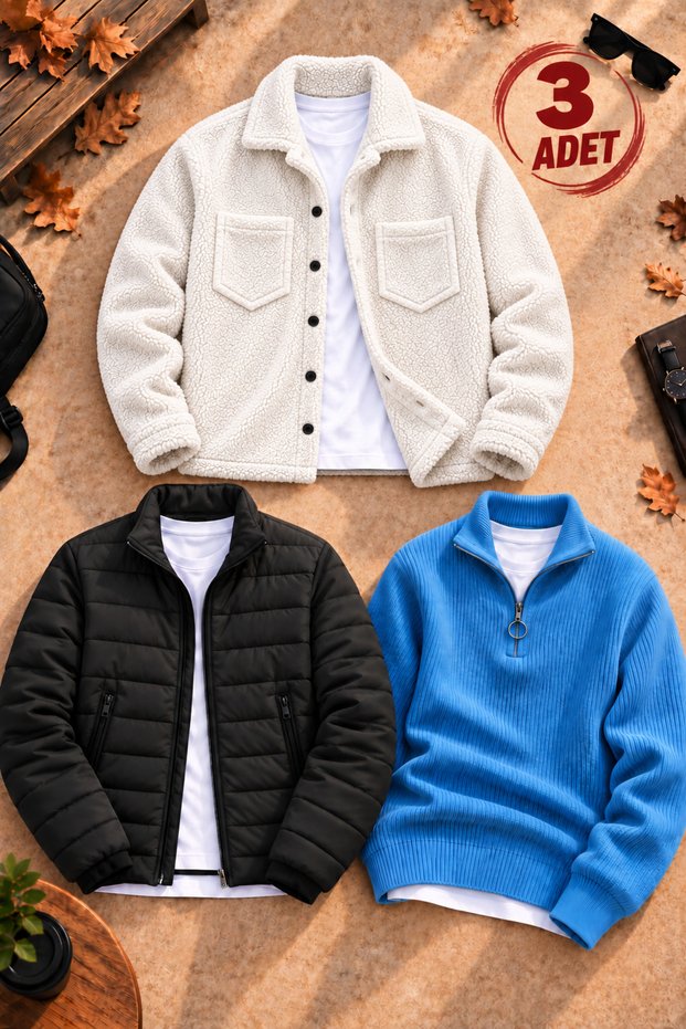 Men's 3-Piece Winter Outfit Set – Quilted-Lined Puffer Jacket + Buttoned, Oversized Plush Jacket + Brioche Knit Mock Neck Half-Zip Sweater