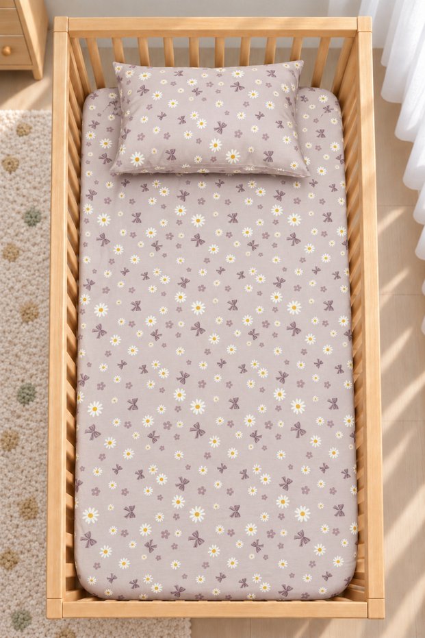 100% Cotton "Mom's Side" - Crib Bed Sheet Set with Daisy Pattern - Includes 2 Pillowcases