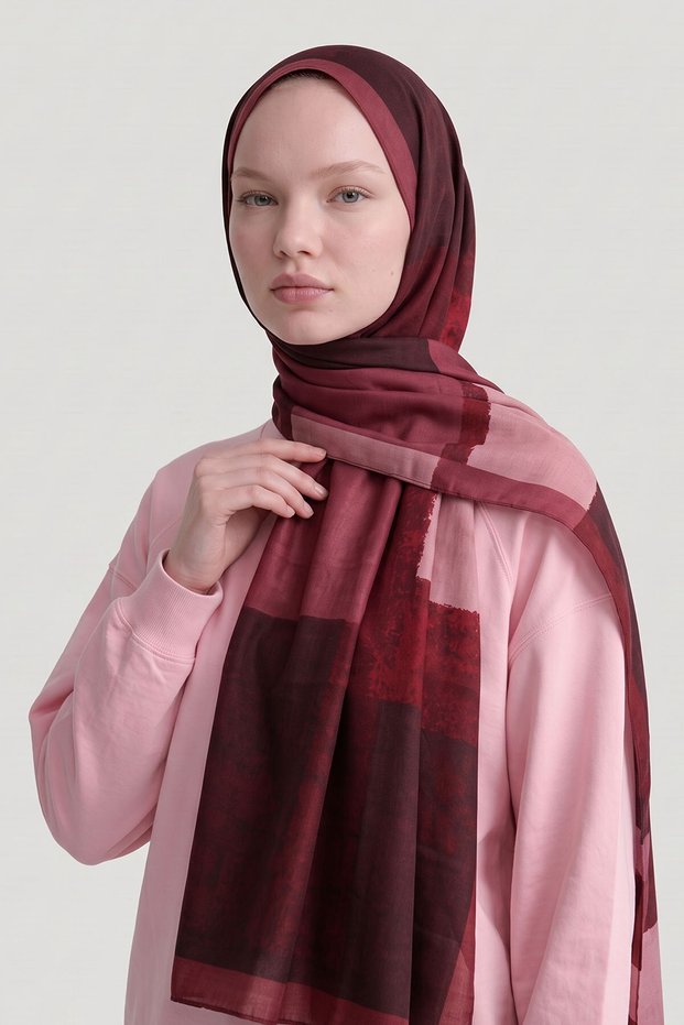 Mosaic-Patterned Wool-Silk Shawl, Burgundy