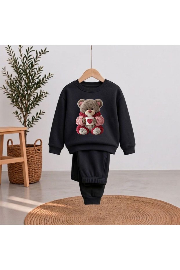 Matching Sweatshirt Set, Brown, Printed, for Girls and Boys, Crew Neck with Men’s Collar