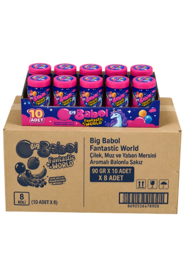 Fantastic World Strawberry, Banana, and Blueberry-Flavored Bubble Gum, 90 g x 10 pieces x 8 packs