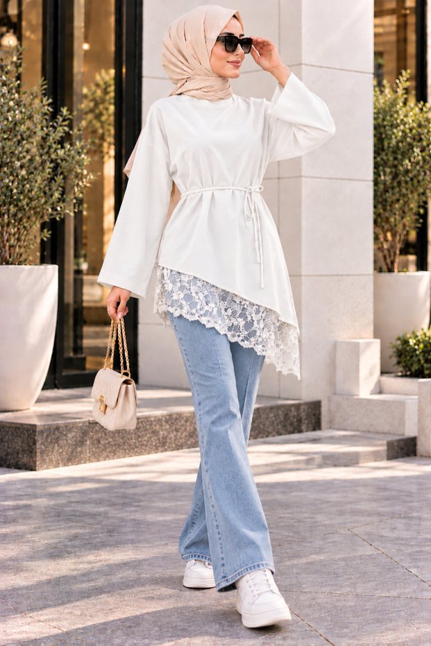 Women's Modest Lace-Detailed, Tie-Detail Asymmetrical Tunic