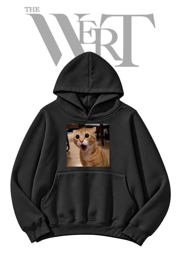 Scottish Fold "Surprised" Front-Printed Black Hooded Sweatshirt (2-Ply)