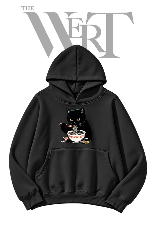 Black Cat Ramen Pre-Printed Black Hooded Sweatshirt (2-Ply)