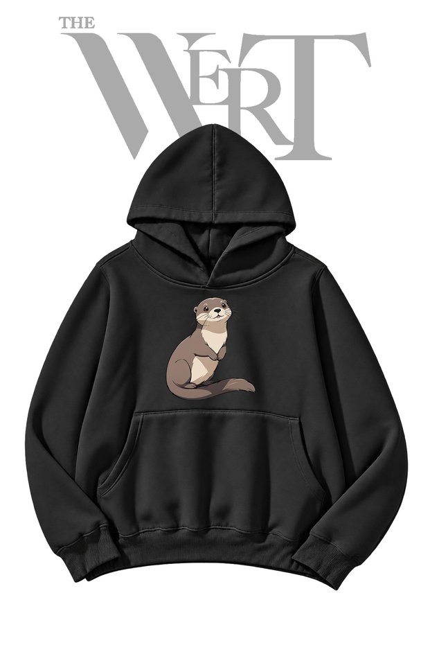 Black Hooded Sweatshirt with "Cizgi Samuru" Print on the Front (2-Ply)