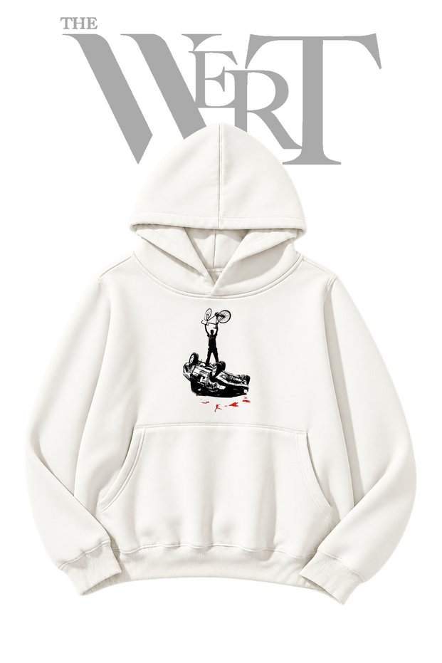 Overturned Car Bicycle Front-Printed White Hooded Sweatshirt (2-Ply)