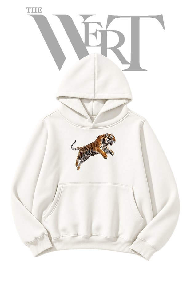 White Hooded Sweatshirt with Pre-Printed Leaping Tiger Design (2-Ply)