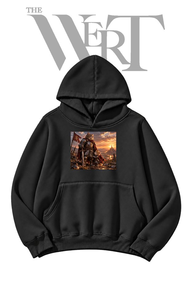 Sovale Cat-Printed Black Hooded Sweatshirt (2-Ply)