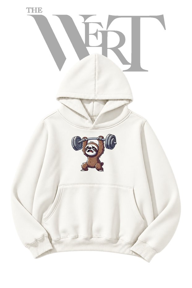 Sloth Weightlifting Pre-Printed White Hoodie (2-Ply)