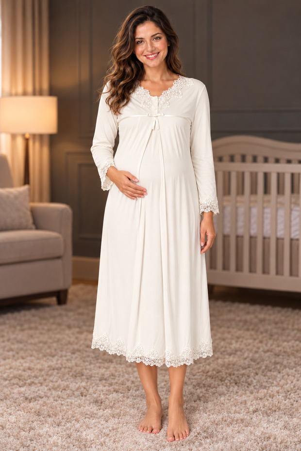 Long-Sleeved Nightgown Designed for Pregnancy, Postpartum, and Breastfeeding - Effortt