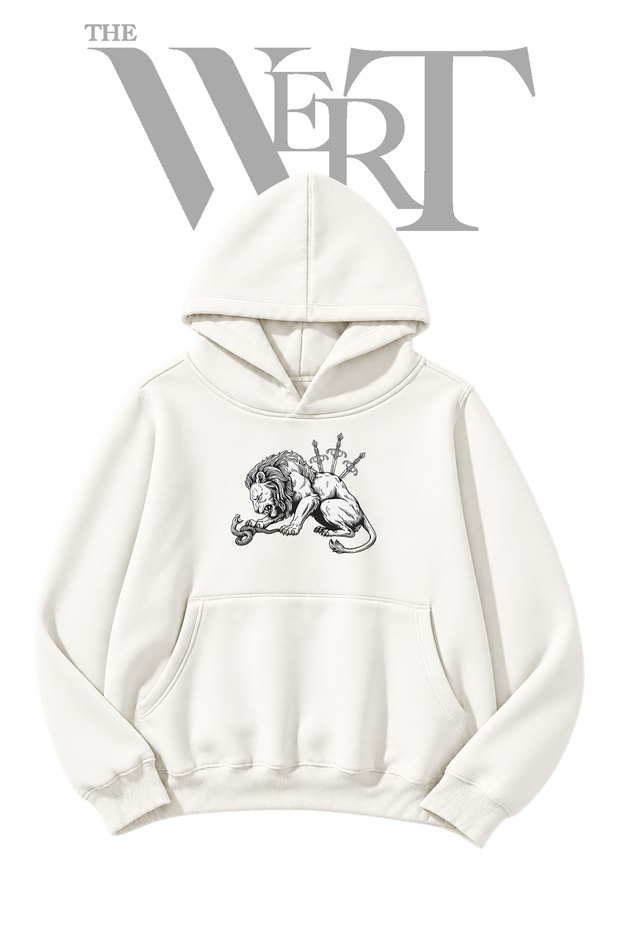 White Hooded Sweatshirt with "Lion, Sword, Snake" Front Print (2-Ply)