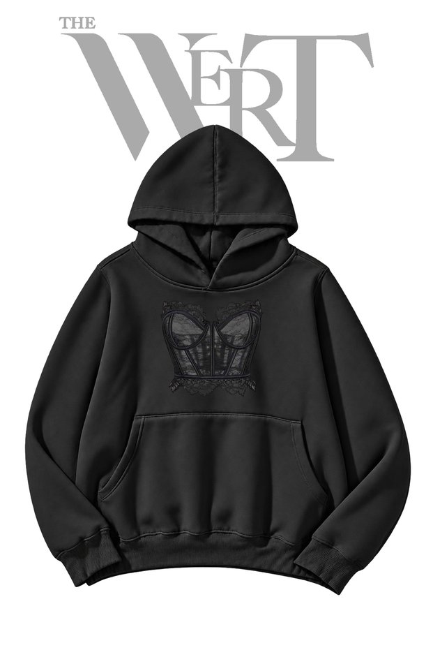 Black Hooded Sweatshirt with Lace-Printed Front (2-Ply)