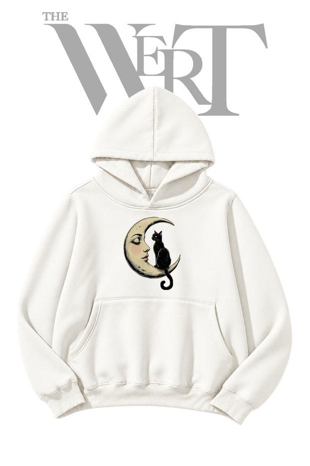 White Hooded Sweatshirt with "Moon Face Cat" Front Print (2-Ply)