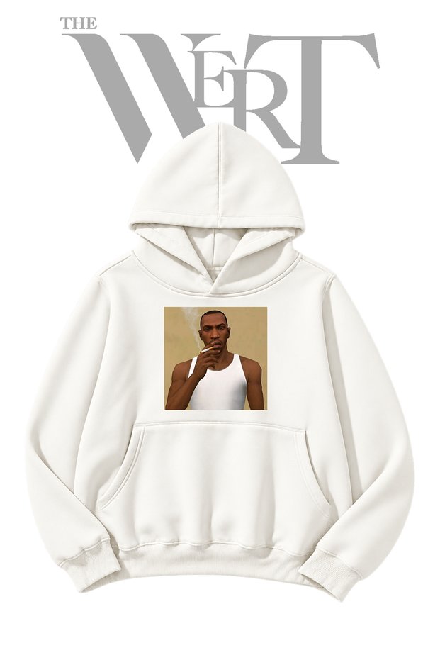 Carl Johnson White Hooded Sweatshirt with Front Print (2-Ply)