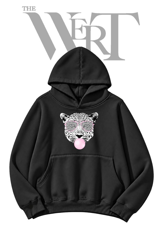 Leopard Bubblegum Black Hooded Sweatshirt with Front Print (2-Ply)